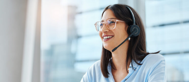 Computer, email or happy woman consultant in call center talking or networking online in telecom office